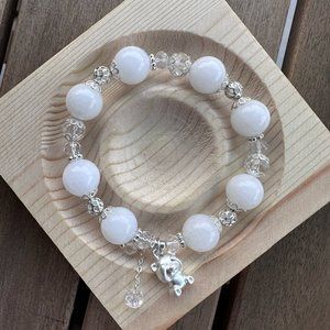12mm White Jade Bracelet with Bear Charm